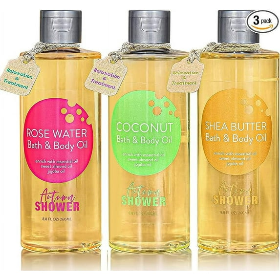 Bath and Body Oil with Sweet Almond Jojoba, Shea Butter, Rose Water, Coconut Bath Oils Gift for Women, Multiuse Oil for Hair Dry Skin 26.4 fl oz (Pack of 3)