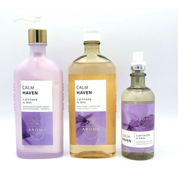 Bath & Body Work Calm Haven Lavender & Iris Set of 3 Body Lotion 6.5 oz, Body Wash 10 oz, Oil Mist 5.3 oz