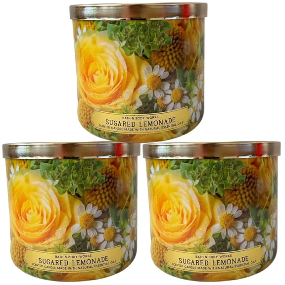Bath & Body Works (3 Pack) Sugared Lemonade Scented 3 Wick Candle Made with Essential Oils 14.5 OZ / 411 G