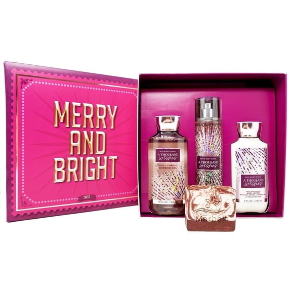 Bath & Body Works A Thousand Wishes - Gift Box Set - Fine Fragrance Mist, Shower Gel and Body Lotion With a Cherry On Top Soap.