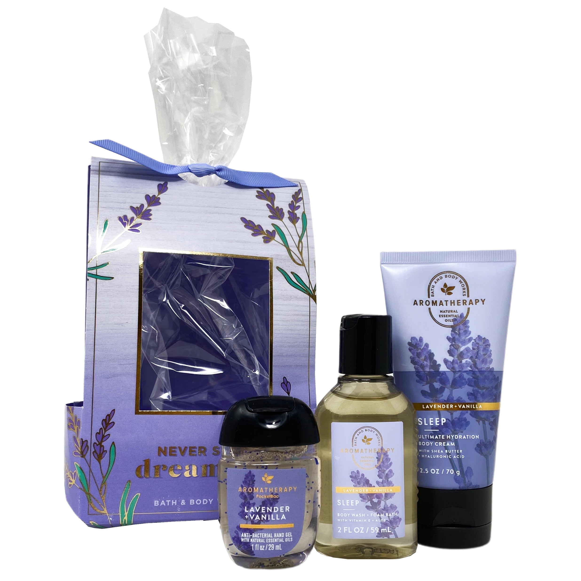 Bath & Body Works AROMATHERAPY SLEEP LAVENDER VANILLA Mini Gift Set Travel Size - Body Wash & Foam Bath, Body Cream, PocketBac Hand Sanitizer arranged in cello with a decorative wraparound