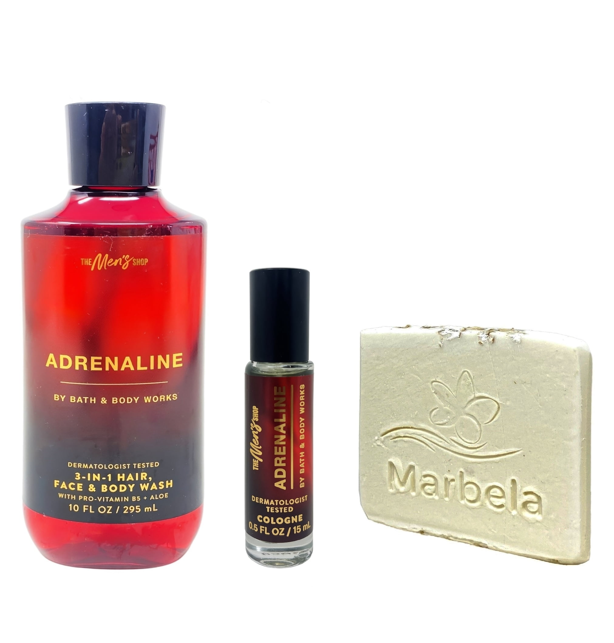 Bath & Body Works Adrenaline 3-In1 Hair, Face And Body Wash and Mini Cologne with Natural Oats Soap Sample