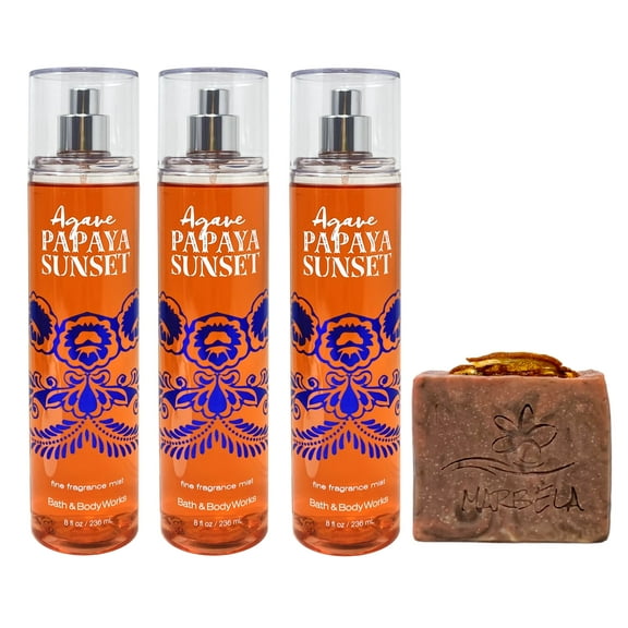 Bath & Body Works Agave Papaya 3 Piece Fine Fragrance Mist Value Pack with a Marbela Orange Ginger Bar Soap - Full Size