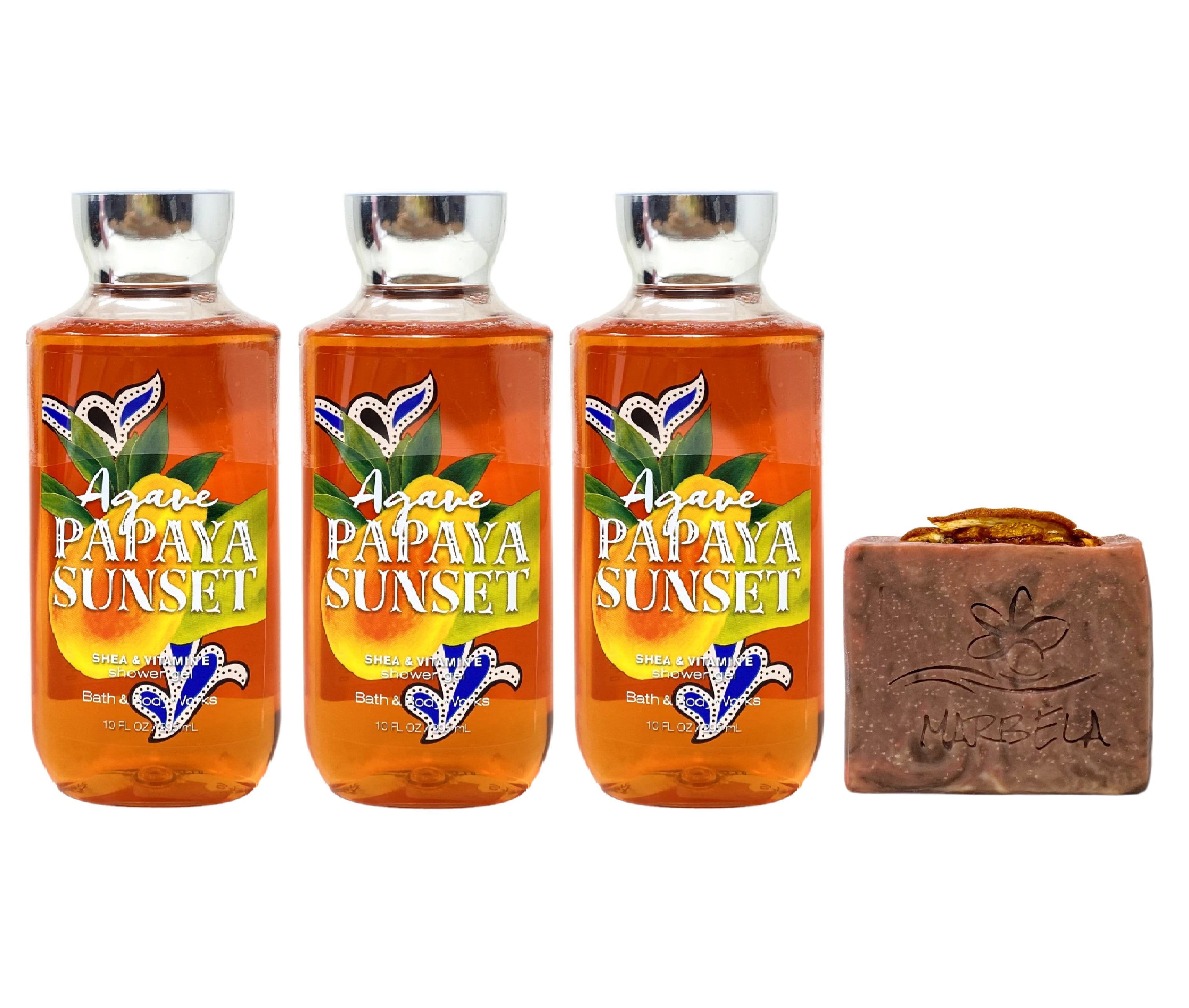 Bath & Body Works Agave Papaya 3 Piece Shower Gel Value Pack with a Marbela Orange Ginger Bar Soap - Full Size