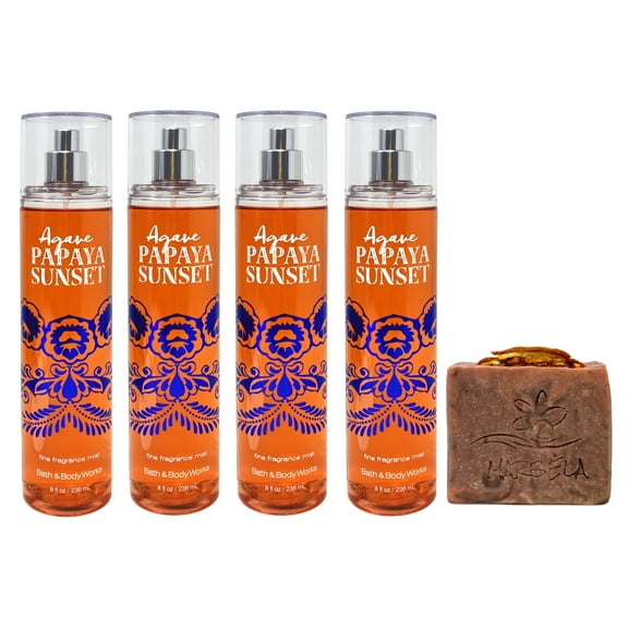 Bath & Body Works Agave Papaya 4 Piece Fine Fragrance Mist Value Pack with a Marbela Orange Ginger Bar Soap - Full Size