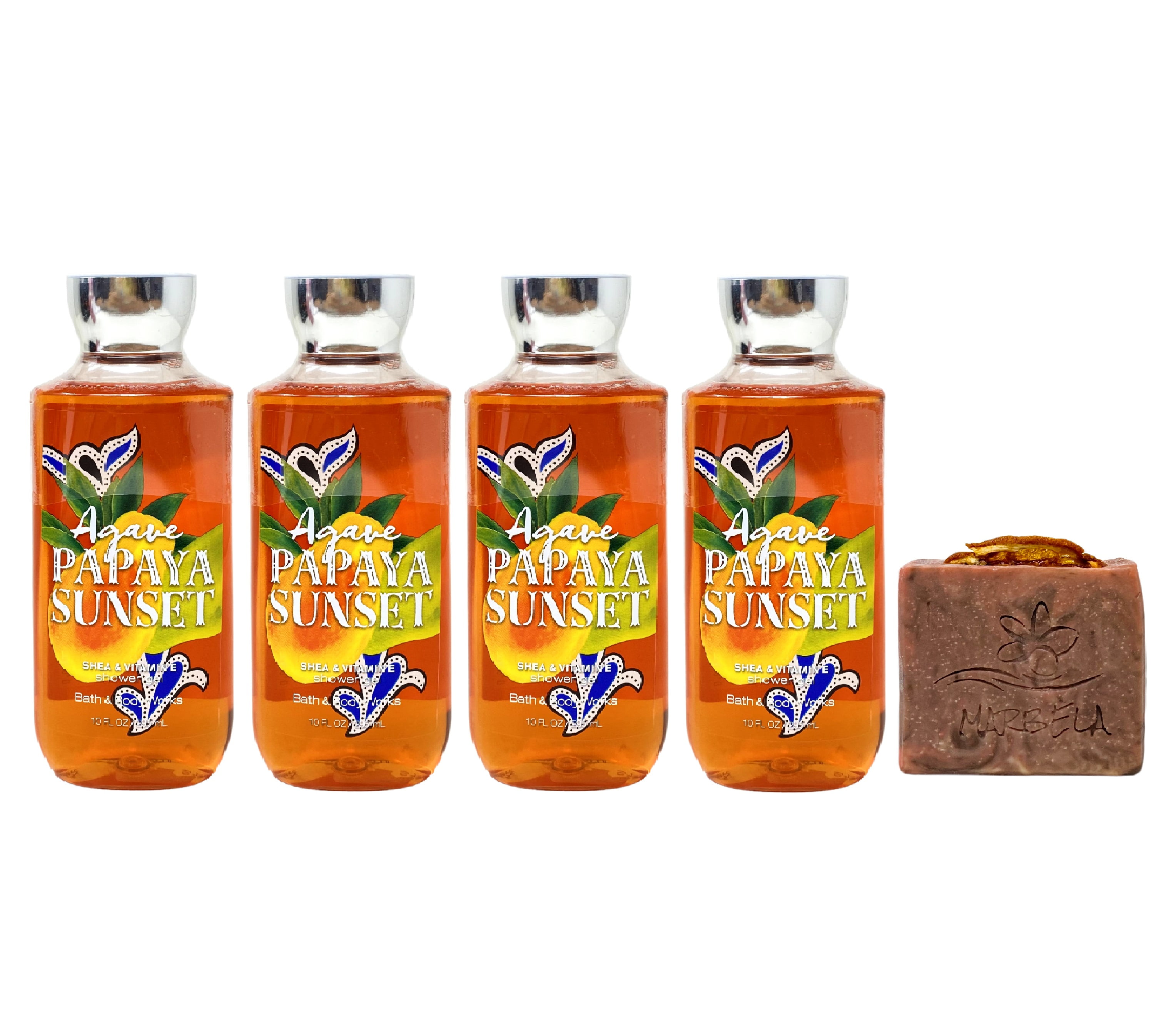 Bath & Body Works Agave Papaya 4 Piece Shower Gel Value Pack with a Marbela Orange Ginger Bar Soap - Full Size