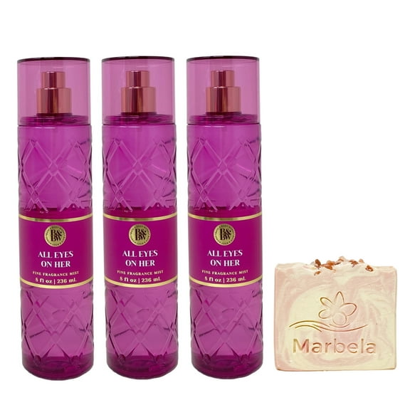 Bath & Body Works All Eyes On Her 3 Pack Fragrance Mist Bundle with a Himalayan Salts Springs Bar Soap - Full Size