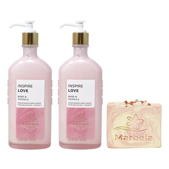 Bath & Body Works Aroma Inspire Love ROSE + VANILLA 2 Pack Body Lotion Gift Set with a Marbela Himalayan Salts Springs Bar Soap - Full Size