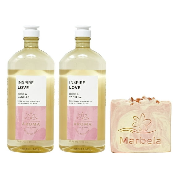 Bath & Body Works Aroma Inspire Love ROSE + VANILLA 2 Pack Body Wash + Foam Bath Gift Set with a Marbela Himalayan Salts Springs Bar Soap - Full Size