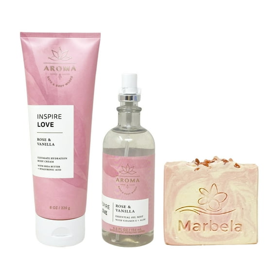 Bath & Body Works Aroma Inspire Love ROSE + VANILLA 2 Piece Gift Set with a Marbela Himalayan Salts Springs Bar Soap - Body Cream and Essential Oil Mist - Full Size