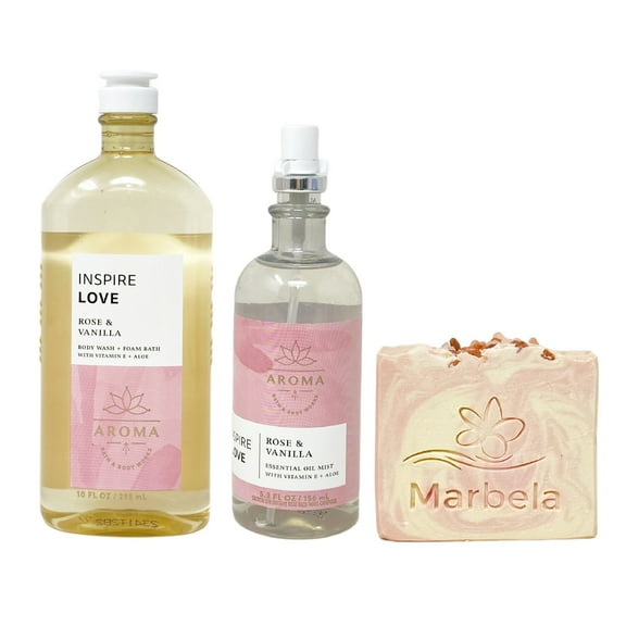 Bath & Body Works Aroma Inspire Love ROSE + VANILLA 2 Piece Value Pack with a Marbela Himalayan Salts Springs Bar Soap - Essential Oil Mist and Body Wash + Foam Bath - Full Size