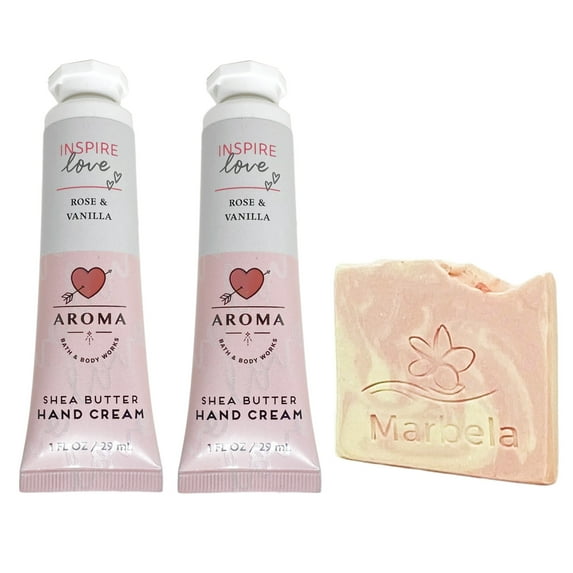 Bath & Body Works Aroma Inspire Love Rose Vanilla 2 Pack Shea Butter Hand Cream Bundle with a Himalayan Sample Soap