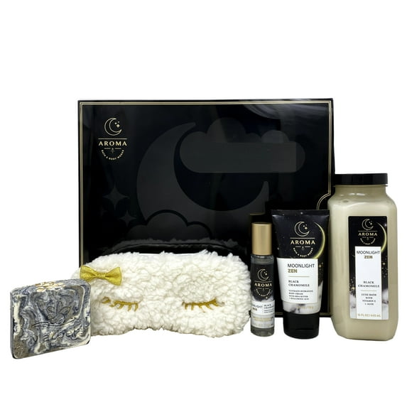 Bath & Body Works Aroma Moonlight Zen Black Chamomile 4 Piece Gift Box Bundle - Luxe Bath - Travel Body Cream and Essential Oil Mist - Eye Mask with a Charcoal Scrub Bar Soap