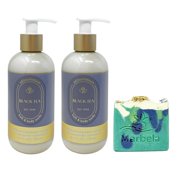 Bath & Body Works Aromatherapy Black Tea 2 Body Lotions with an Aloe Vera Bar Soap