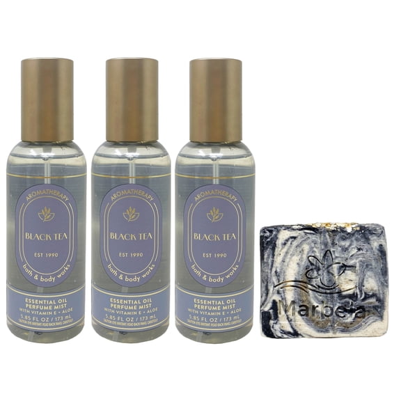 Bath & Body Works Aromatherapy Black Tea - 3 Essential Oil Mist - with a Charcoal Scrub Bar Soap