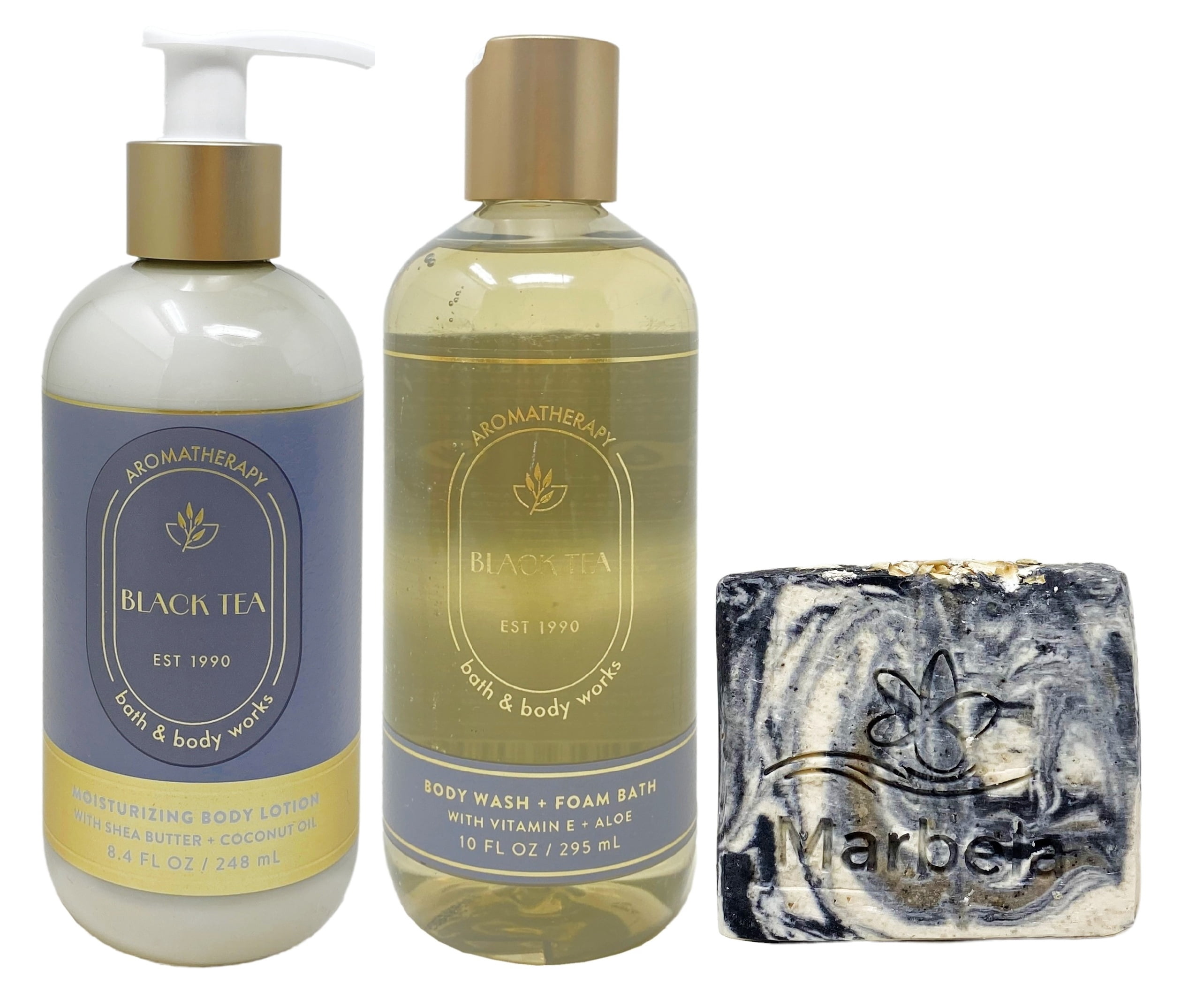 Bath & Body Works Aromatherapy Black Tea Body Lotion and Body Wash & Foam Bathwith a Charcoal Scrub Bar Soap