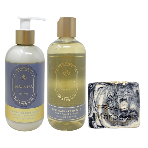 Bath & Body Works Aromatherapy Black Tea Body Lotion and Body Wash & Foam Bathwith a Charcoal Scrub Bar Soap