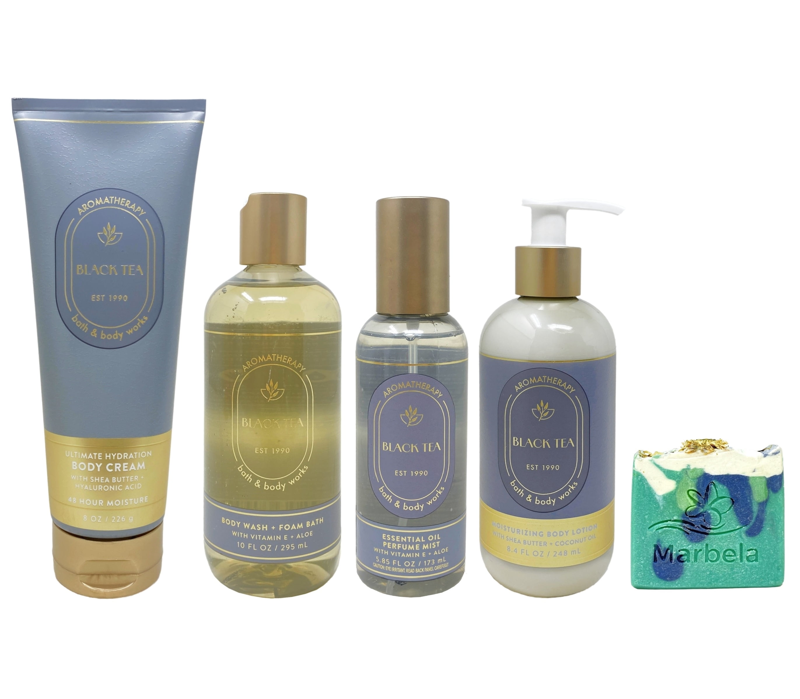 Bath & Body Works Aromatherapy Black Tea Ultimate Hydration Body Cream, Body Wash + Foam Bath, Essential Oil Mist and Body Lotion with an Aloe Vera Bar Soap