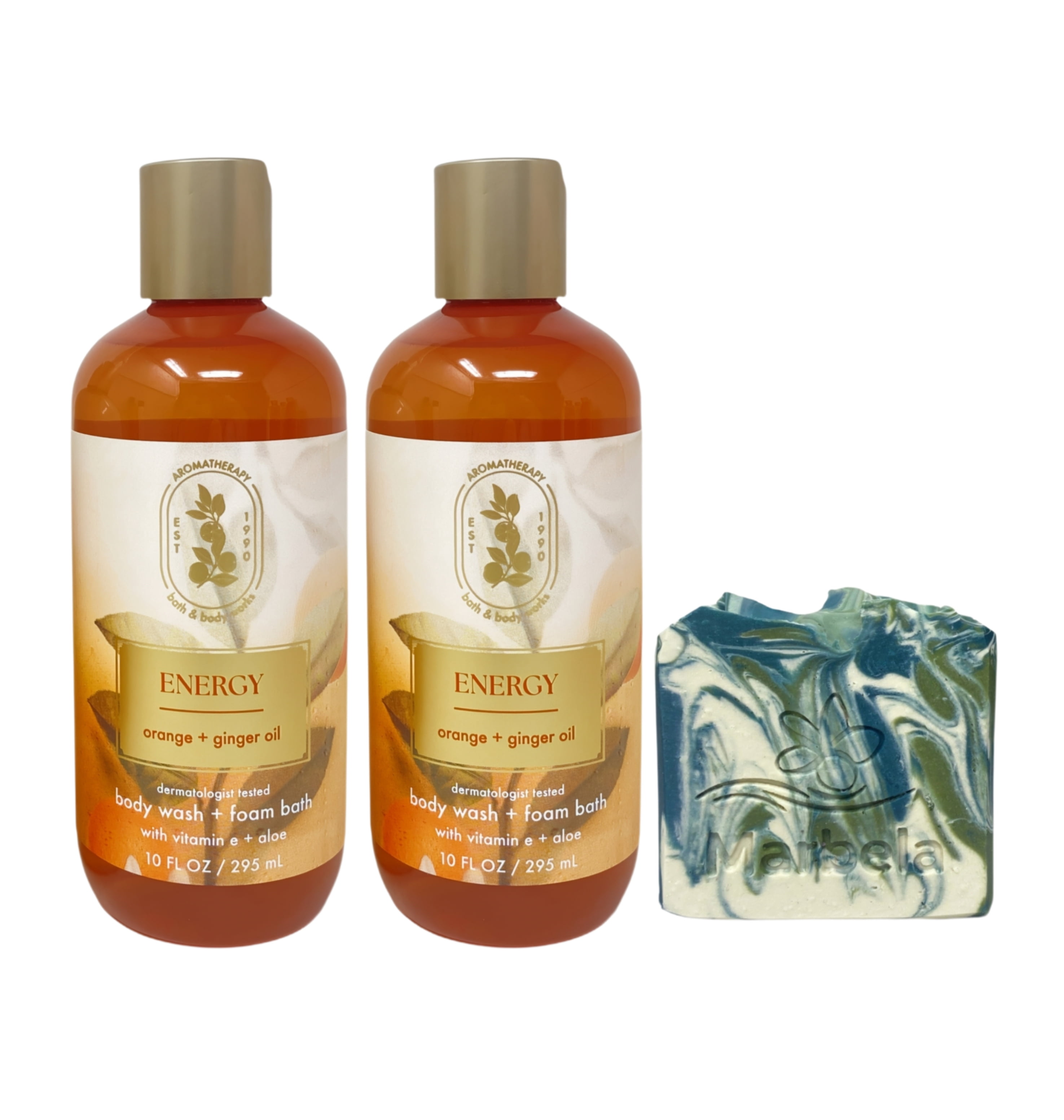Bath & Body Works Aromatherapy Energy Orange + Ginger Oil 2 Body Wash & Foam Bath with a Zen Garden Bar Soap