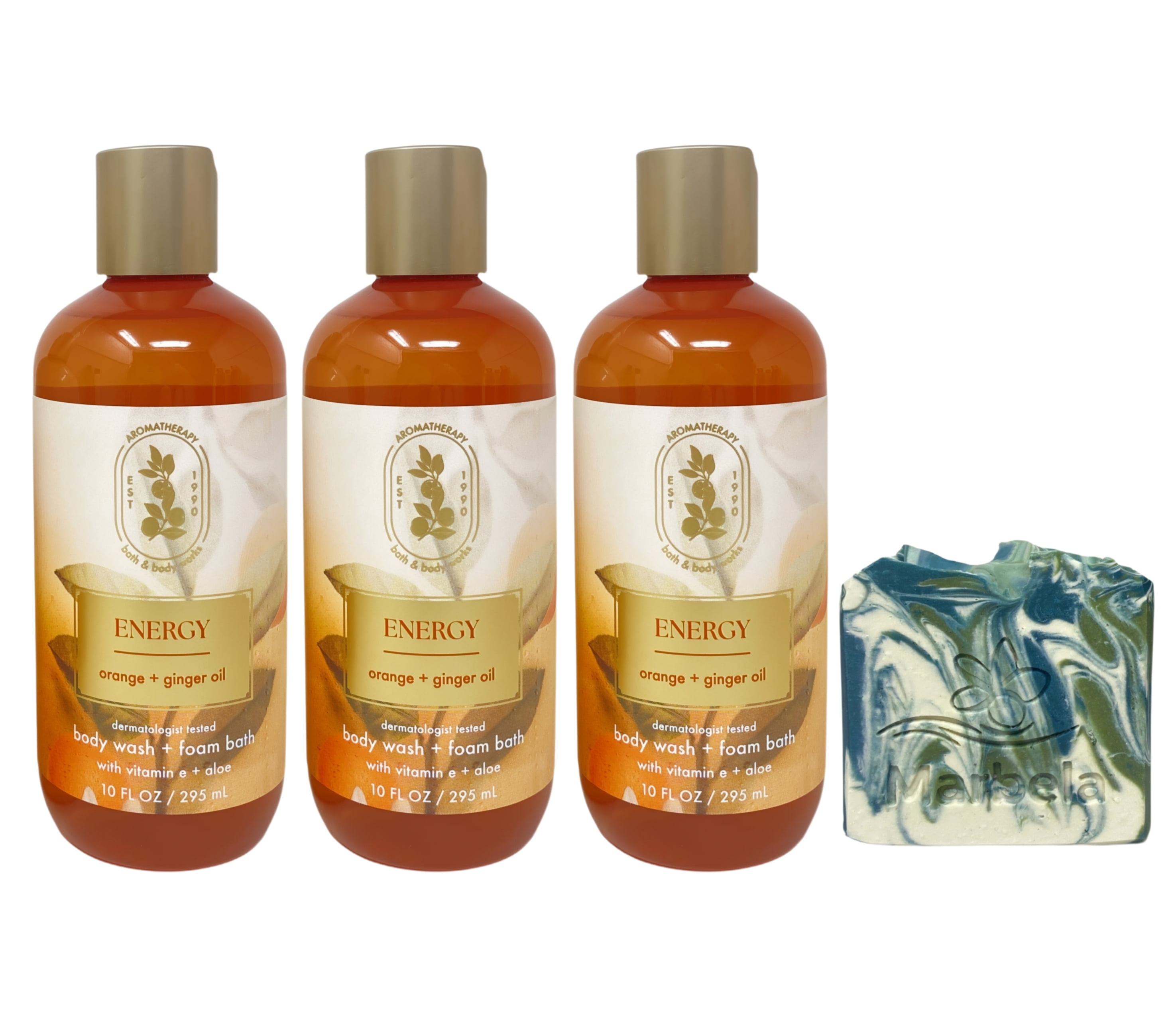 Bath & Body Works Aromatherapy Energy Orange + Ginger Oil 3 Body Wash & Foam Bath with a Zen Garden Bar Soap