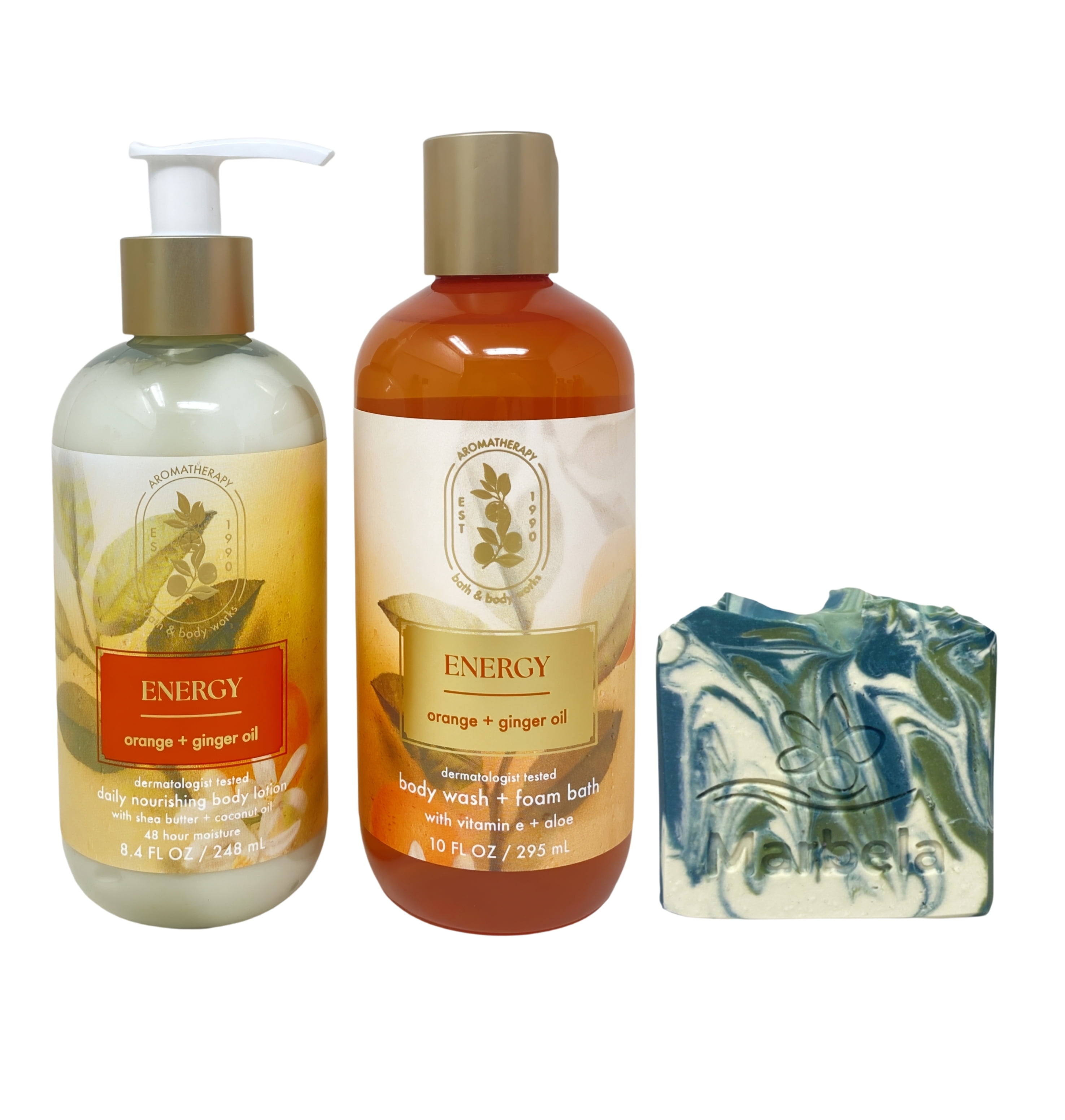 Bath & Body Works Aromatherapy Energy Orange + Ginger Oil Body Wash & Foam Bath and Daily Nourishing Body Lotion with a Zen Garden Bar Soap