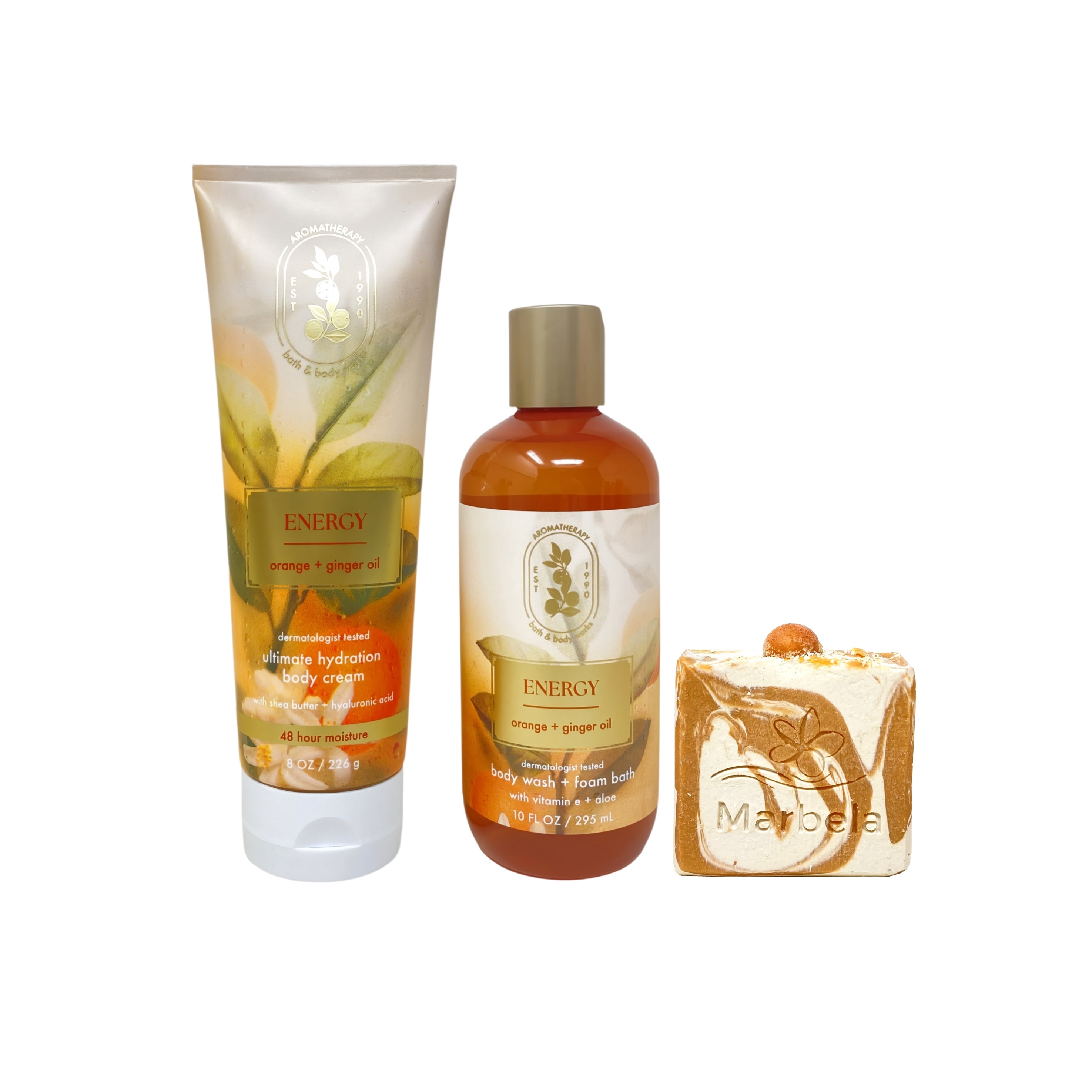 Bath & Body Works Aromatherapy Energy Orange + Ginger Oil - Ultimate Hydration Body Cream and Body Wash & Foam Bath with a Peach Gardenia Bar Soap