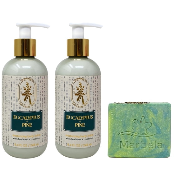 Bath & Body Works Aromatherapy Eucalyptus Pine 2 Moisturizing Body Lotions with a Fresh Forest Bar Soap