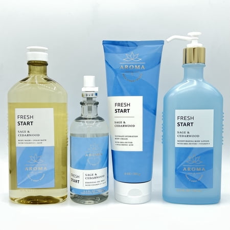 Bath & Body Works Aromatherapy Fresh Start Sage & Cedarwood Body Wash, Essential Oil Mist, Body Cream and Body Lotion 4-Piece Bundle
