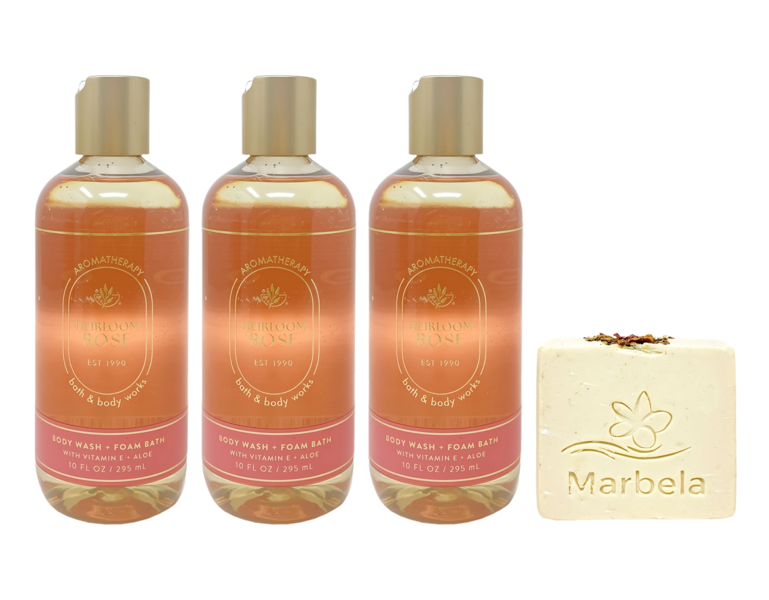 Bath & Body Works Aromatherapy Heirloom Rose 3 Body Wash + Foam Bath with a Creamy Rose Bar Soap
