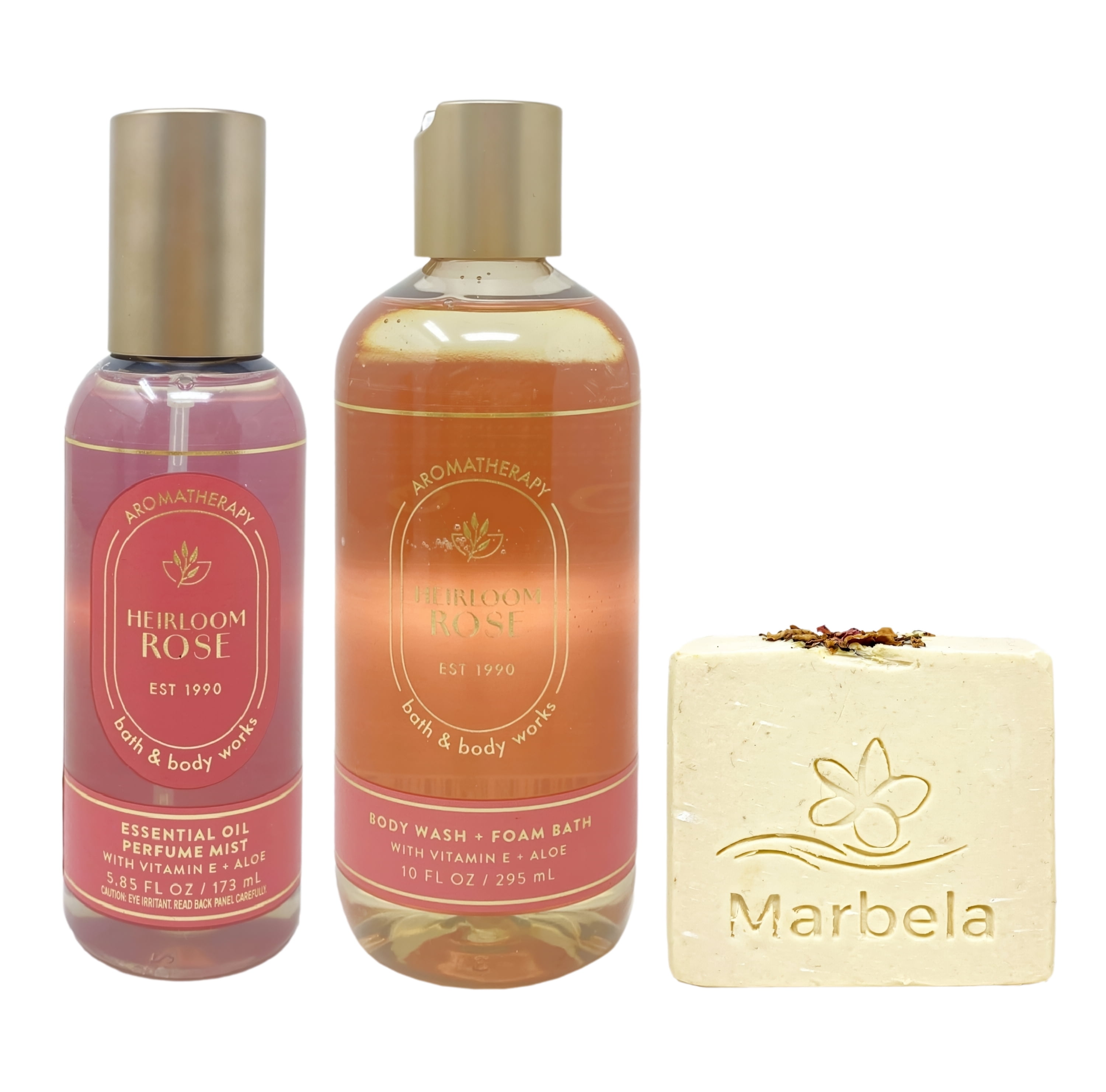 Bath & Body Works Aromatherapy Heirloom Rose Body Wash + Foam Bath and Essential Oil Perfume Mist with a Creamy Rose Bar Soap