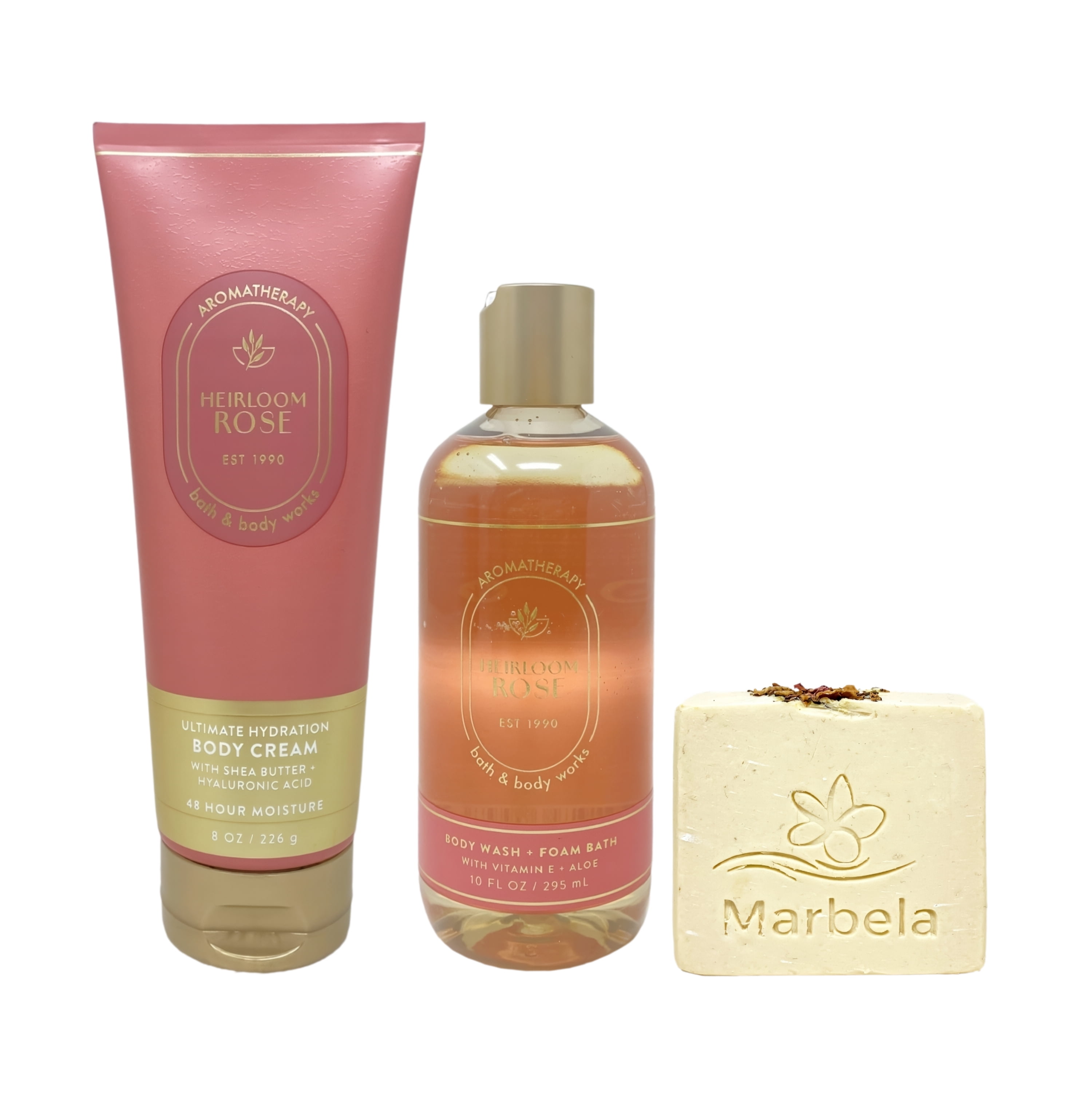 Bath & Body Works Aromatherapy Heirloom Rose Ultimate Hydration Body Cream and Body Wash + Foam Bath with a Creamy Rose Bar Soap