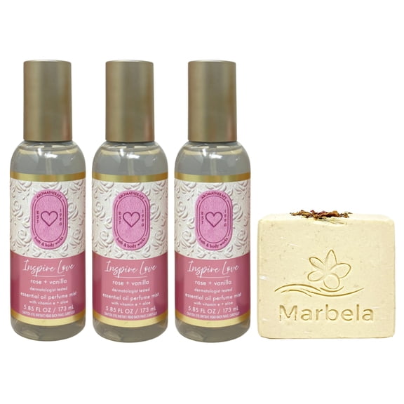 Bath & Body Works Aromatherapy Inspire Love Rose + Vanilla 3 Essential Oil Perfume Mists with a Creamy Rose Bar Soap
