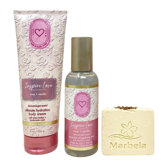 Bath & Body Works Aromatherapy Inspire Love Rose + Vanilla Essential Oil Perfume Mist and Ultimate Hydration Body Cream with a Creamy Rose Bar Soap