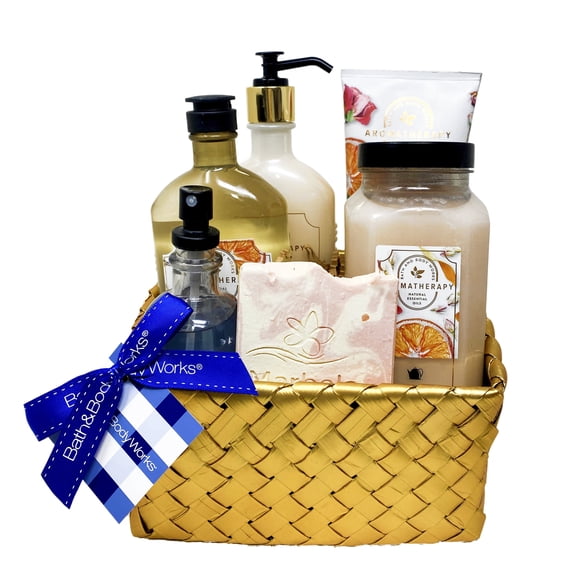 Bath & Body Works Aromatherapy Rose, Tangerine, Tea Gold Woven Basket Set - Body Cream, Body Lotion, Shower Gel, Essential Oil Pillow Mist and Luxe Bath with a Himalayan Salts Springs Sample Soap.
