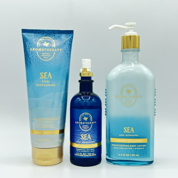 Bath & Body Works Aromatherapy SEA Soul Refreshing Jasmine & Eucalyptus Body Cream, Essential Oil Mist and Body Lotion 3-Piece Bundle