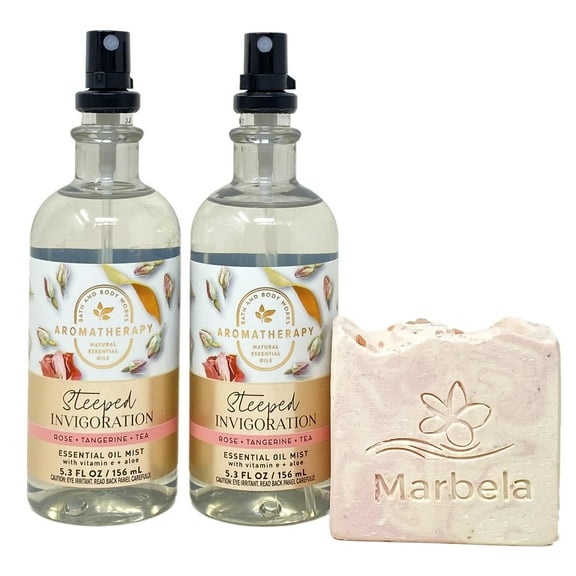 Bath & Body Works Aromatherapy Steeped Invigoration ROSE + TANGERINE + TEA 2 Pack Essential Oil Mist Gift Set with a Himalayan Salts Springs Marbela Bar Soap - Full Size