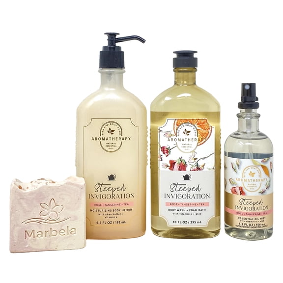 Bath & Body Works Aromatherapy Steeped Invigoration ROSE + TANGERINE + TEA 3 Piece Gift Set with a Himalayan Salts Springs Marbela Bar Soap - Full Size