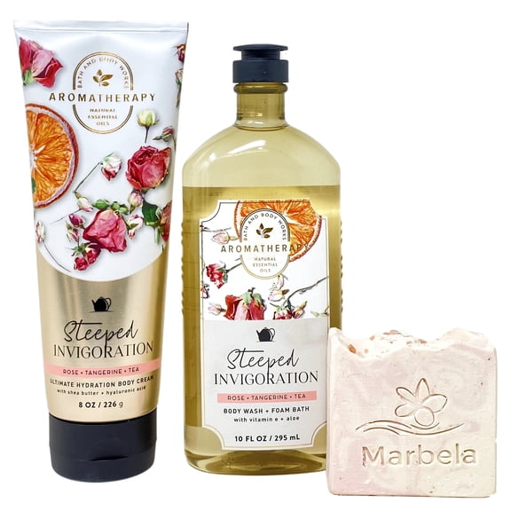 Bath & Body Works Aromatherapy Steeped Invigoration ROSE + TANGERINE + TEA Body Cream and Body Wash + Foam Bath Set with a Himalayan Salts Springs Marbela Bar Soap - Full Size