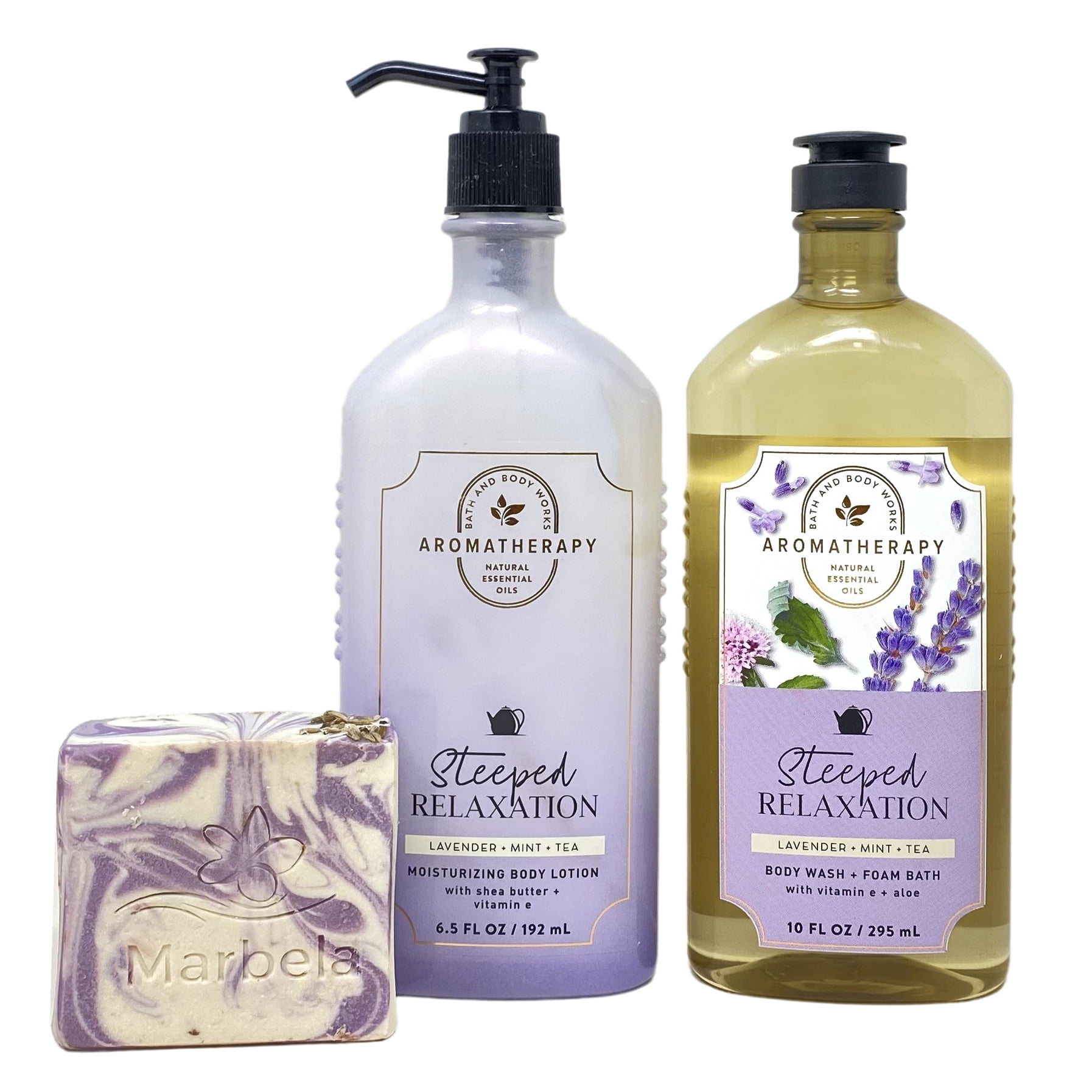Bath & Body Works Aromatherapy Steeped Relaxation LAVENDER + MINT + TEA Body Lotion and Body Wash + Foam Bath Gift Set with a Lavender Dream Marbela Bar Soap - Full Size