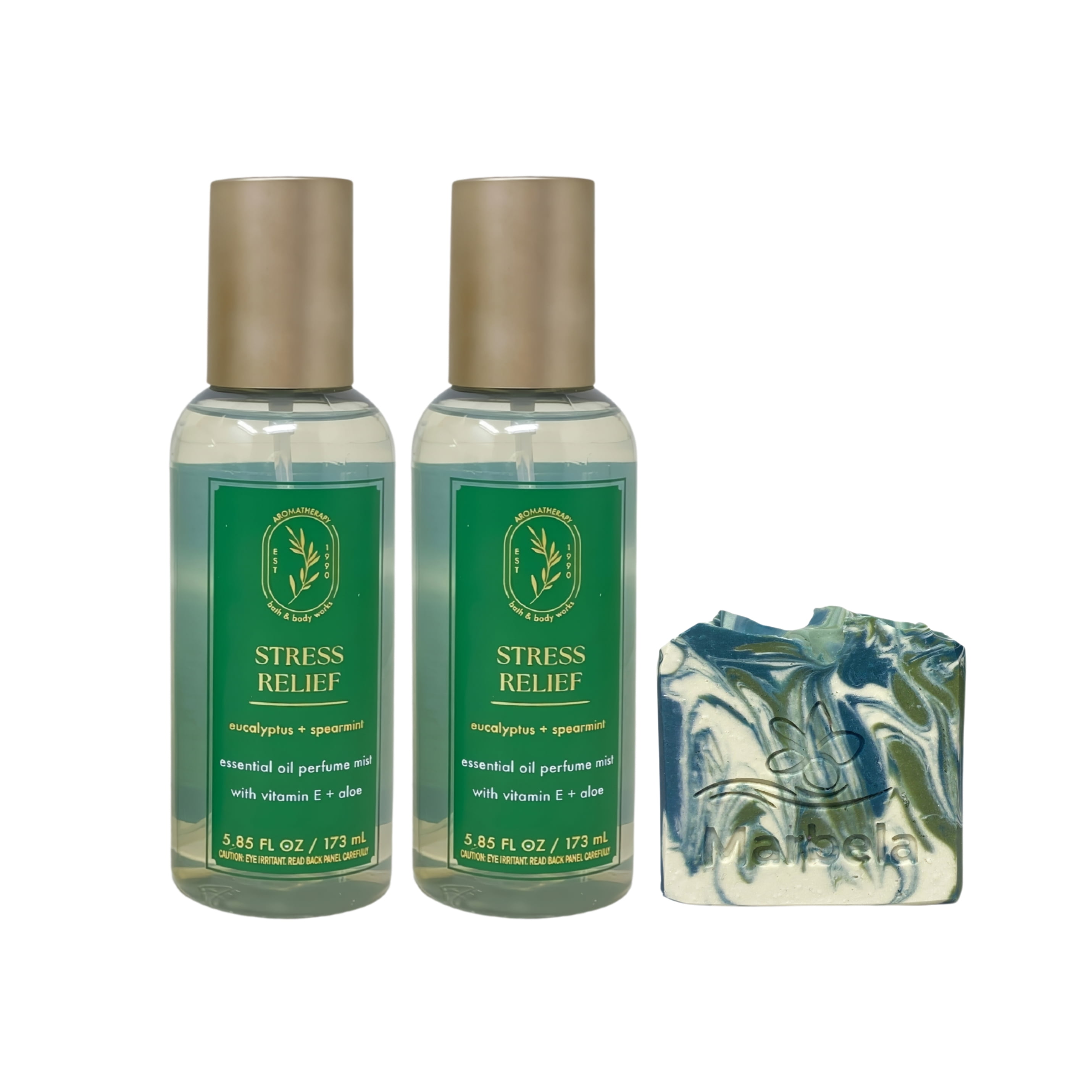 Bath & Body Works Aromatherapy Stress Relief Eucalyptus Spearmint 2 Essential Oil Perfume Mists with a Zen Garden Bar Soap