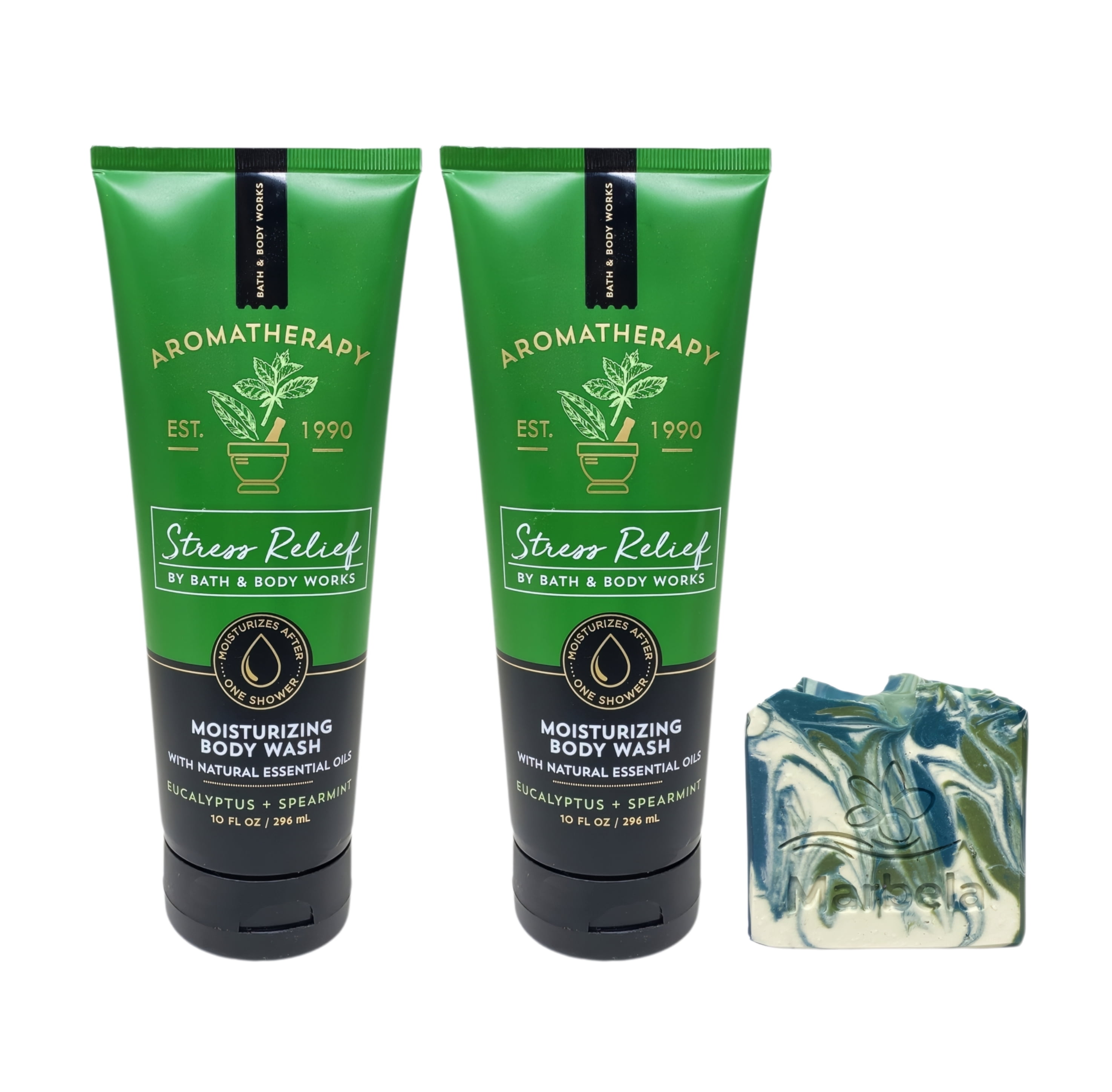 Bath & Body Works Aromatherapy Stress Relief Eucalyptus Spearmint 2 Moisturizing Body Washes with a Zen Garden Bar Soap