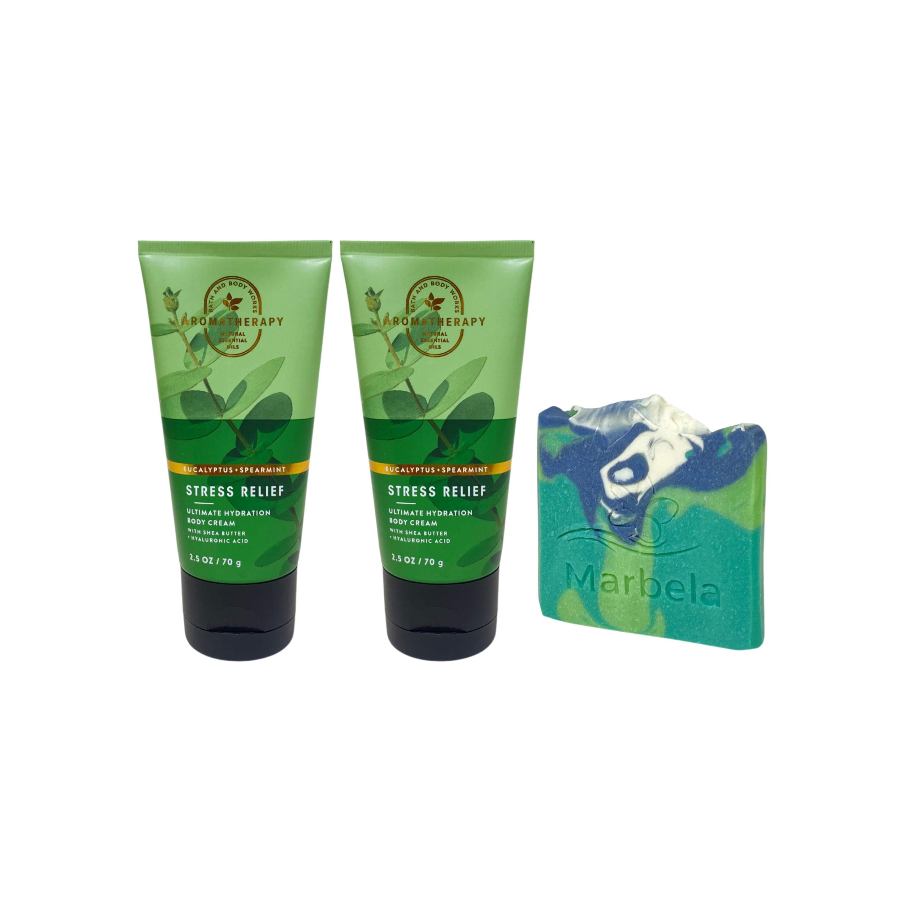 Bath & Body Works Aromatherapy Stress Relief Eucalyptus Spearmint - 2 Ultimate Hydration Body Creams with an Aloe Vera Mini Soap - Travel Size