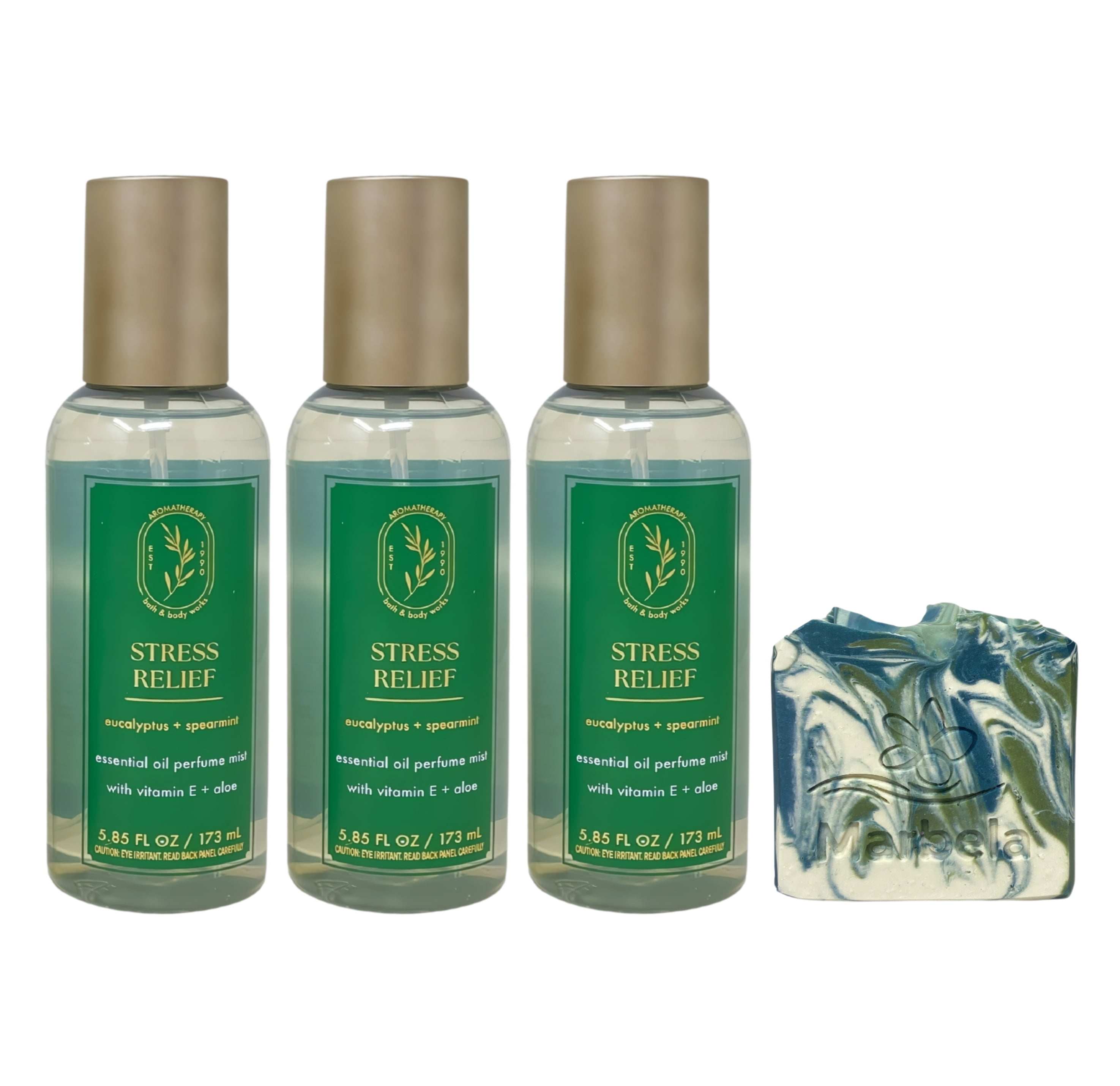 Bath & Body Works Aromatherapy Stress Relief Eucalyptus Spearmint 3 Essential Oil Perfume Mists with a Zen Garden Bar Soap