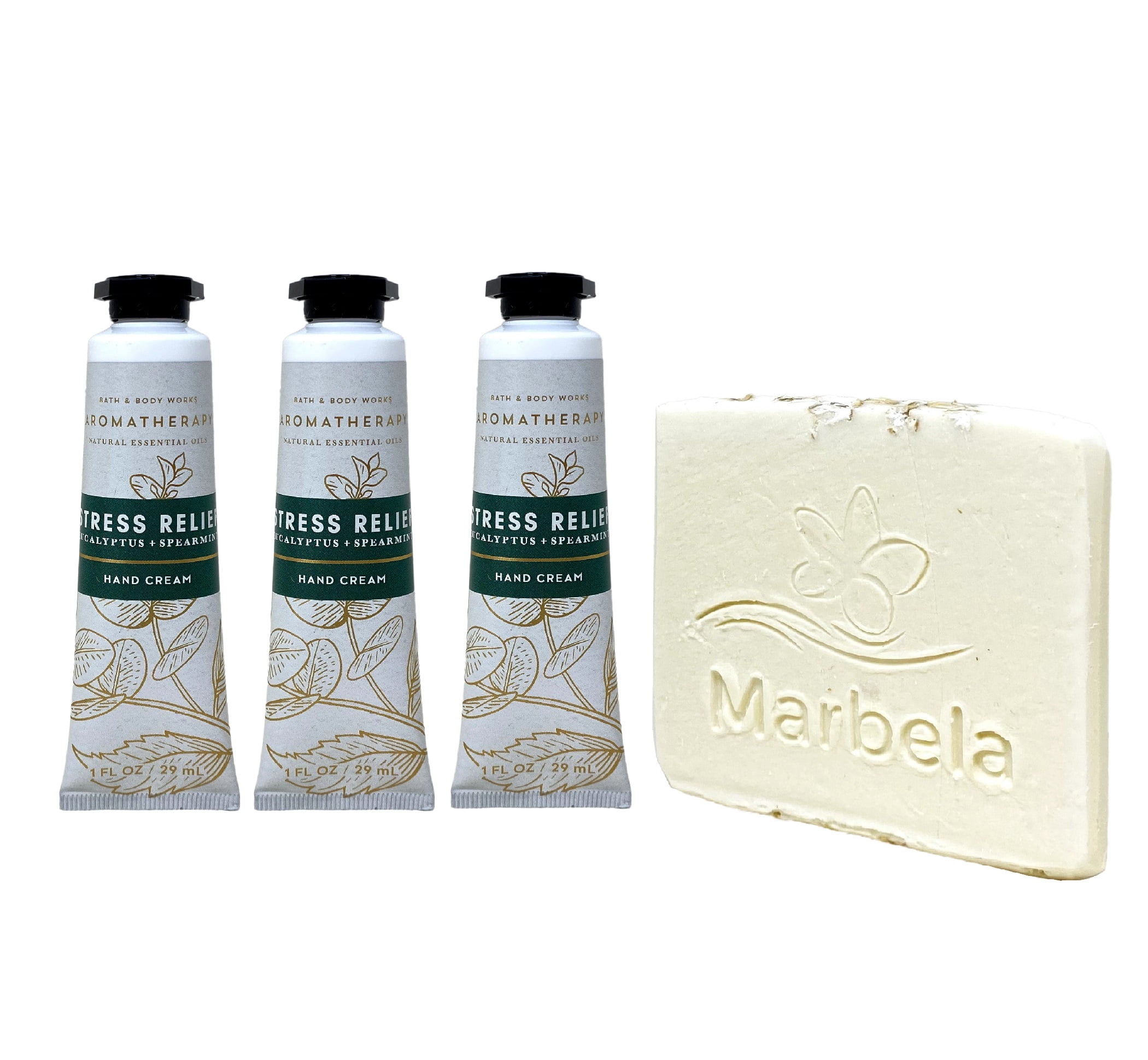 Bath & Body Works Aromatherapy Stress Relief Eucalyptus + Spearmint 3 Hand Creams with a Natural Oats Mini Soap