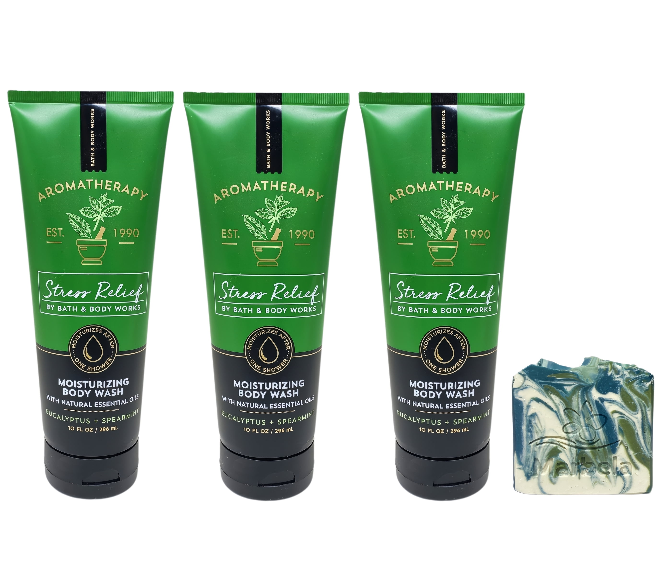 Bath & Body Works Aromatherapy Stress Relief Eucalyptus Spearmint 3 Moisturizing Body Washes with a Zen Garden Bar Soap