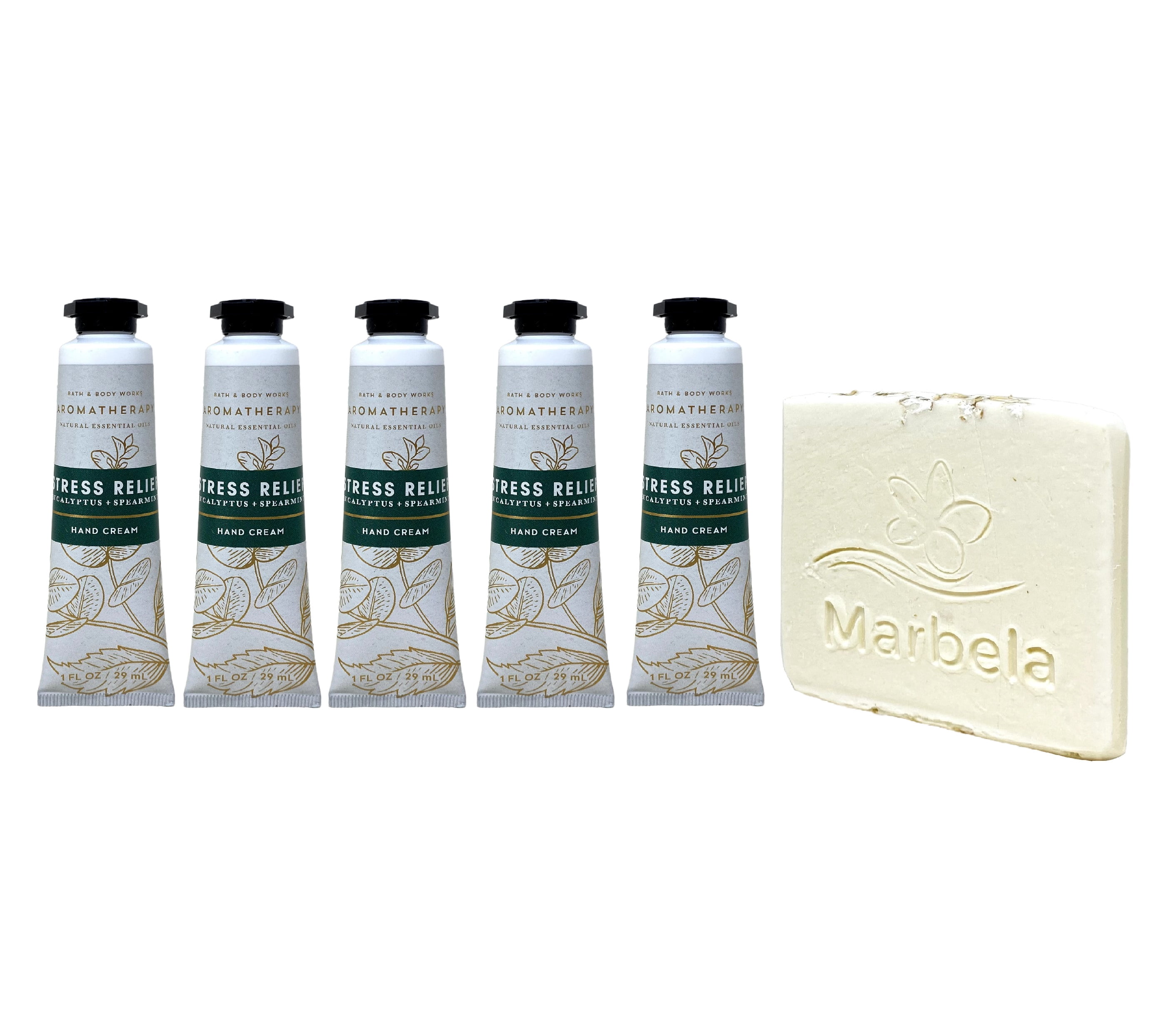 Bath & Body Works Aromatherapy Stress Relief Eucalyptus + Spearmint 5 Hand Creams with a Natural Oats Mini Soap