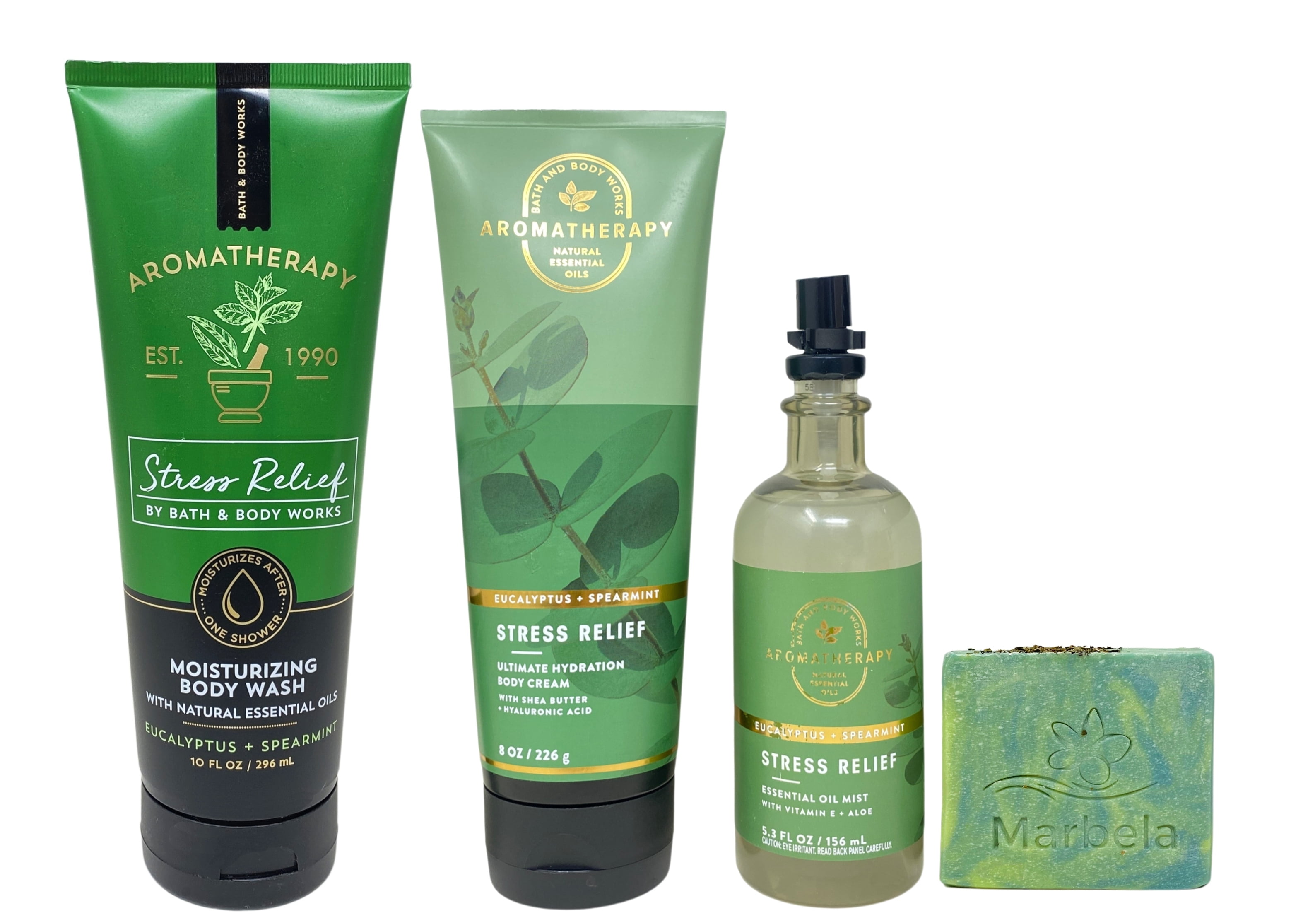 Bath & Body Works Aromatherapy Stress Relief Eucalyptus Spearmint Moisturizing Body Wash, Ultimate Hydration Body Cream and Essential Oil Mist with a Fresh Forest Bar Soap