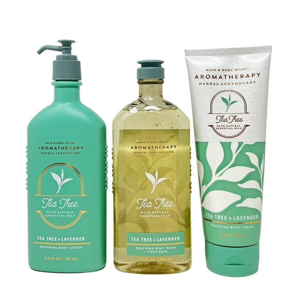 Bath & Body Works Aromatherapy Tea Tree with Natural Essentials Oils - Tea Tree + Lavender Deluxe Gift Set - Body Lotion - Body Cream - and Body wash + Foam Bath - Full Size