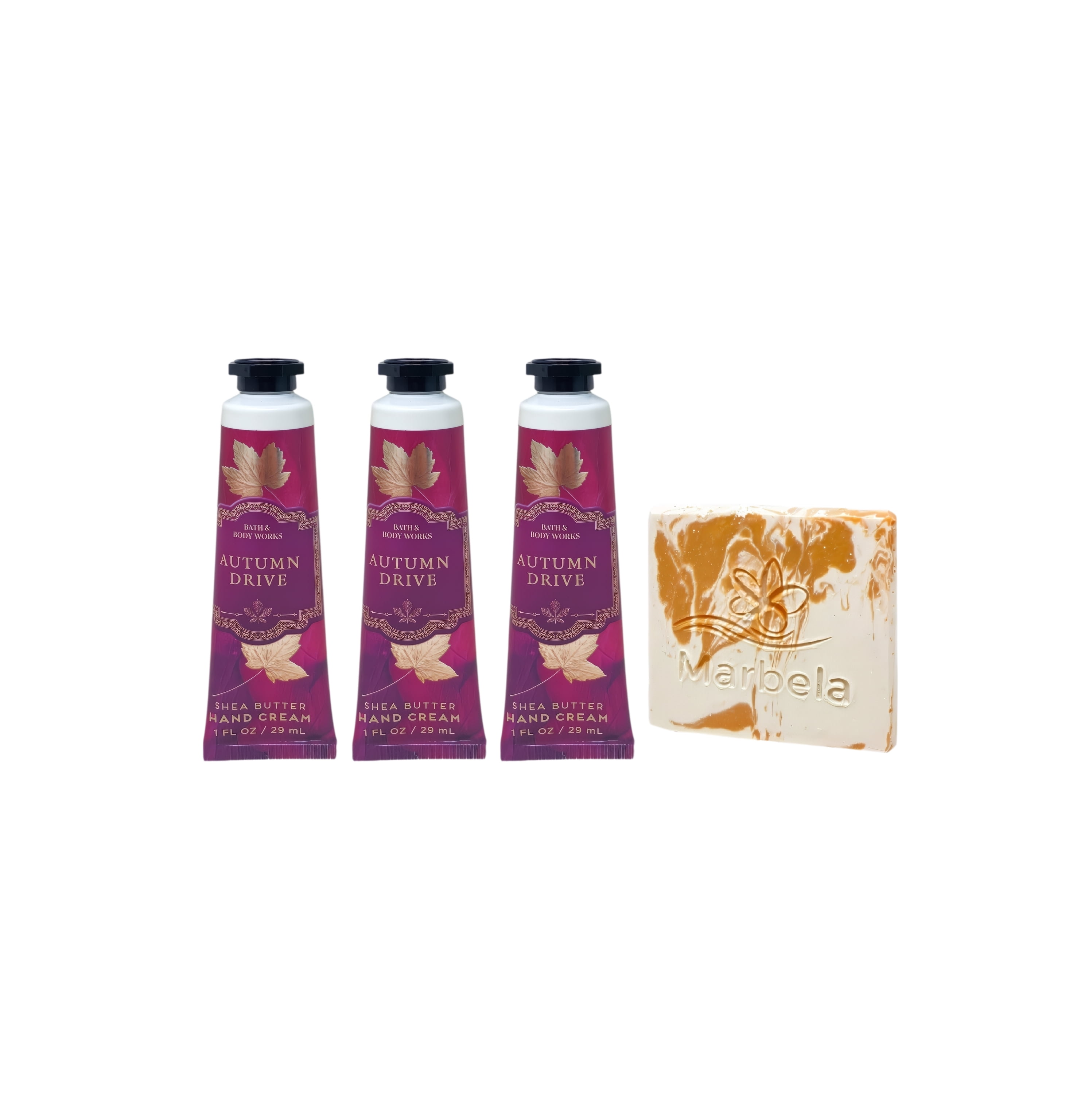 Bath & Body Works Autumn Drive 3 Hand Creams with a Peach Gardenia Mini Soap