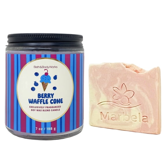 Bath & Body Works Berry Waffle Cone 7 oz Single-Wick Candle with a Himalayan Salts Springs Sample Soap